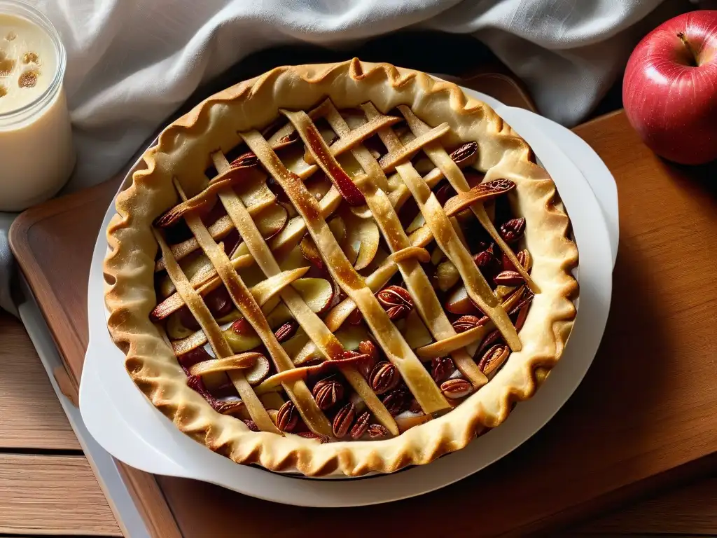 Deliciosa tarta de manzana sin azúcar con xilitol, con una corteza de encaje dorada y canela, sobre mesa de madera rústica bañada por la luz del sol