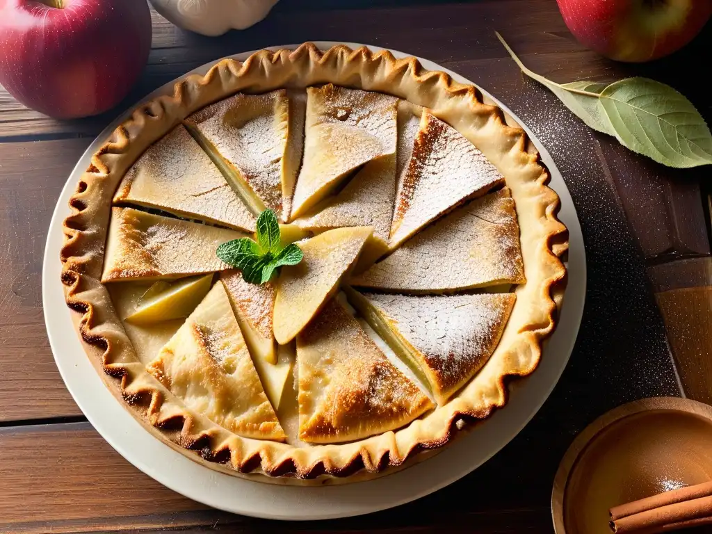 Deliciosa tarta de manzana casera en mesa de madera, con costra dorada y relleno de canela