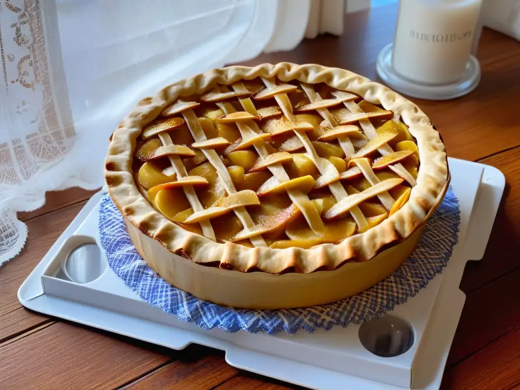 Una deliciosa tarta de manzana dorada en un ambiente acogedor