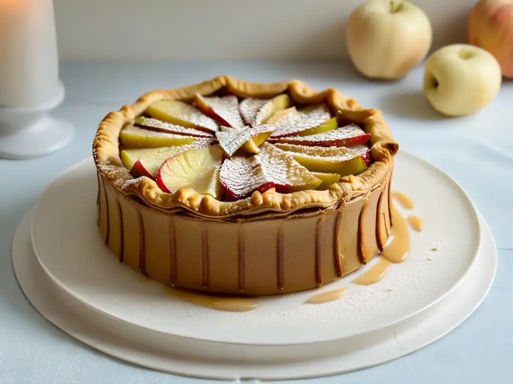 Deliciosa tarta de manzana sin gluten con detalle y calidez en cada rebanada, sobre plato blanco