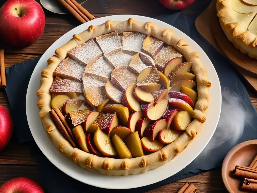 Deliciosa tarta de manzana paleo recién horneada con una costra dorada perfecta, rodeada de canela y manzanas