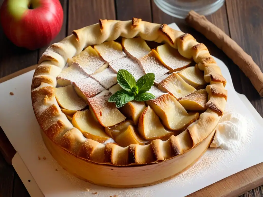 Deliciosa tarta de manzana recién horneada en mesa rústica Deliciosa tarta de manzana recién horneada en mesa rústica, con puré de manzana