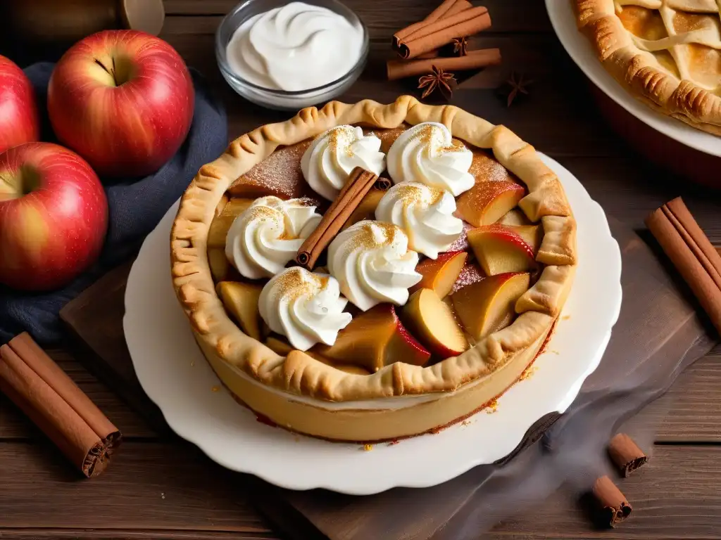 Delicioso pastel de manzana recién horneado con crema batida Deliciosa tarta de manzana recién horneada, cubierta con crema batida y canela