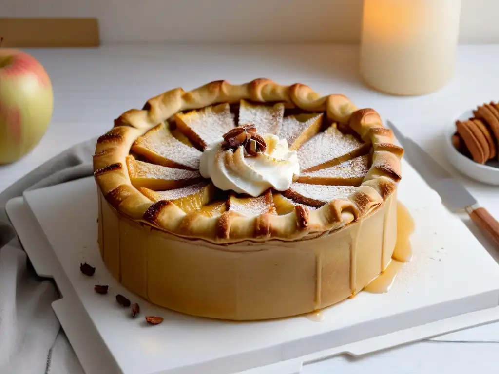 Delicioso pastel de manzana recién horneado en plato blanco Deliciosa tarta de manzana horneada con puré, cubierta de crema batida y canela en un elegante plato blanco