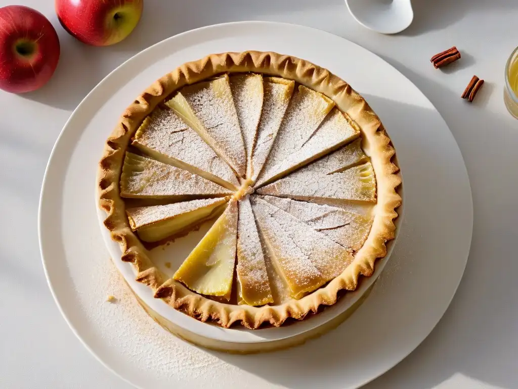 Deliciosa tarta de manzana sin gluten recién horneada, con corteza dorada, manzanas brillantes y azúcar en polvo