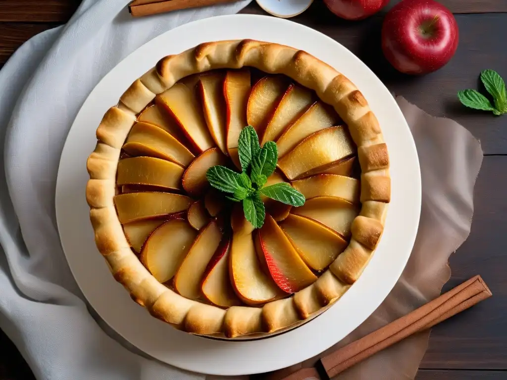 Delicioso pastel de manzana con salsa y canela Deliciosa tarta de manzana con puré, canela y menta fresca, lista para saborear