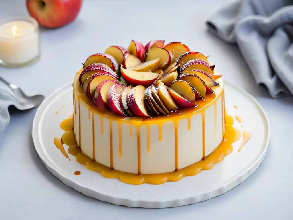 Deliciosa tarta de manzana y miel adornada con manzanas, canela y menta, ideal para Postres tradicionales Rosh Hashaná