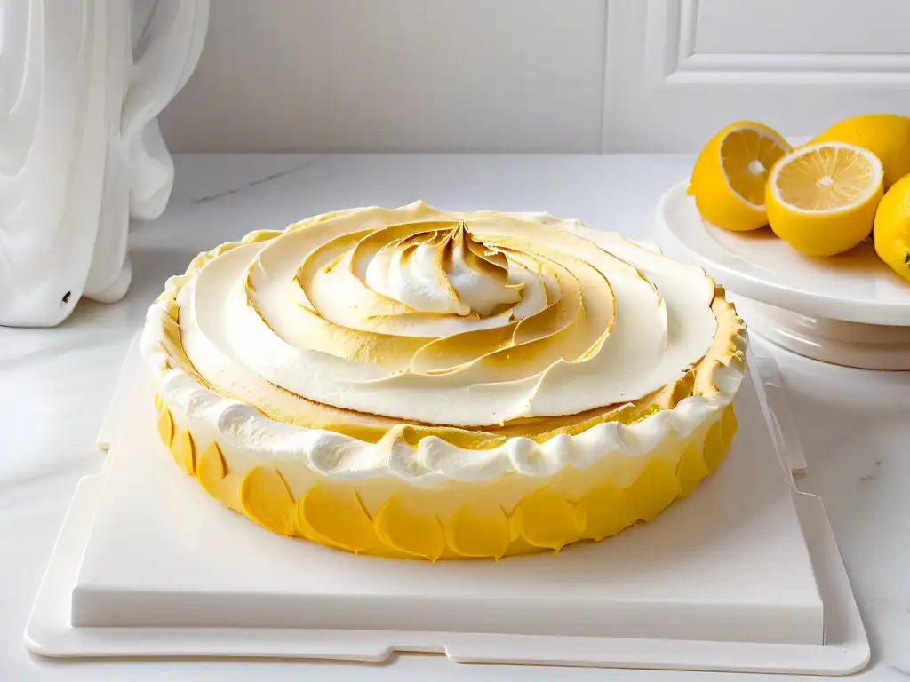 Deliciosa tarta de limón y merengue en elegante encimera de mármol blanco