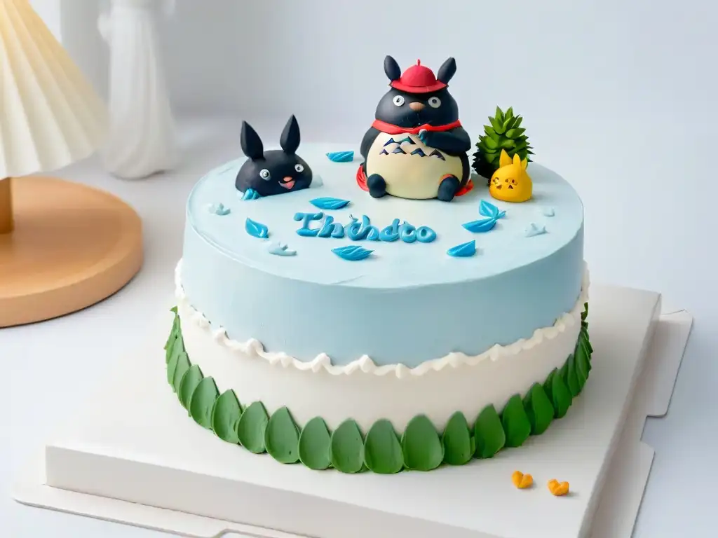 Una deliciosa tarta minimalista con personajes de Studio Ghibli en tonos pastel, sobre fondo blanco