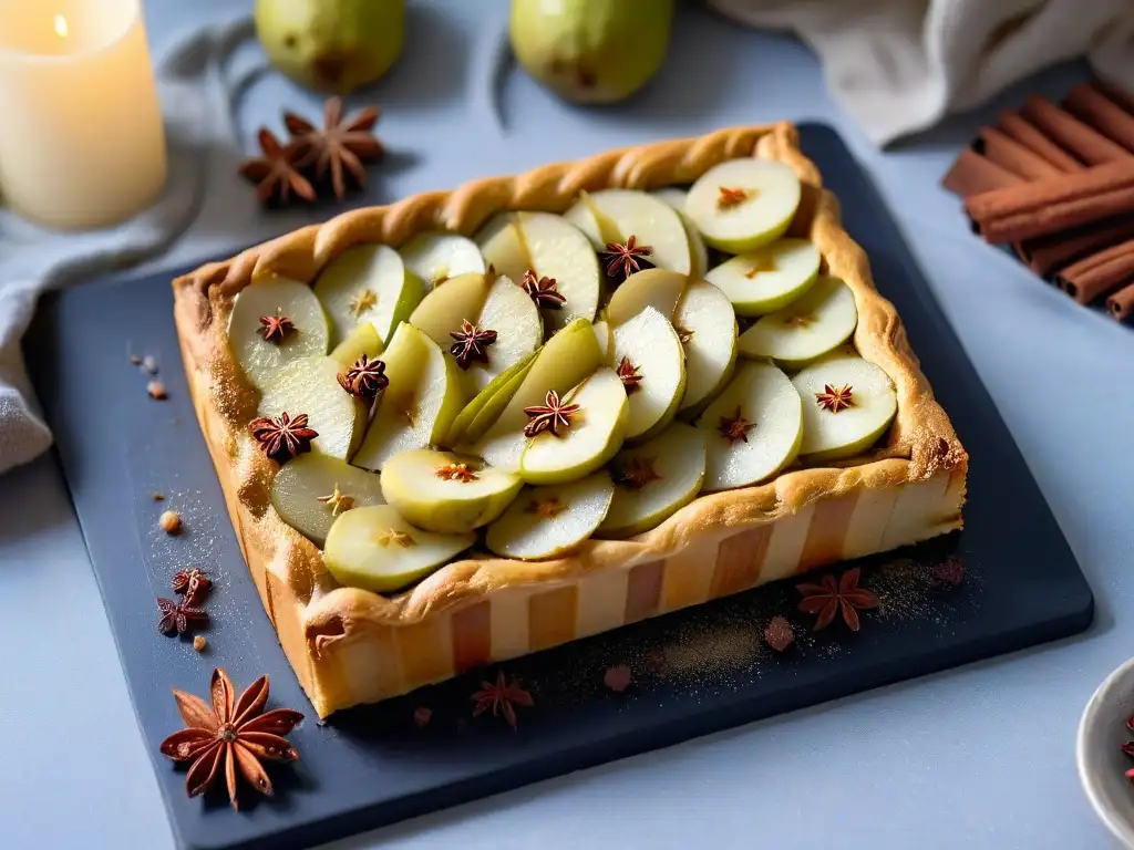 Deliciosa tarta de pera con especias en un elegante plato de pizarra, evocando calidez en una fría noche de invierno