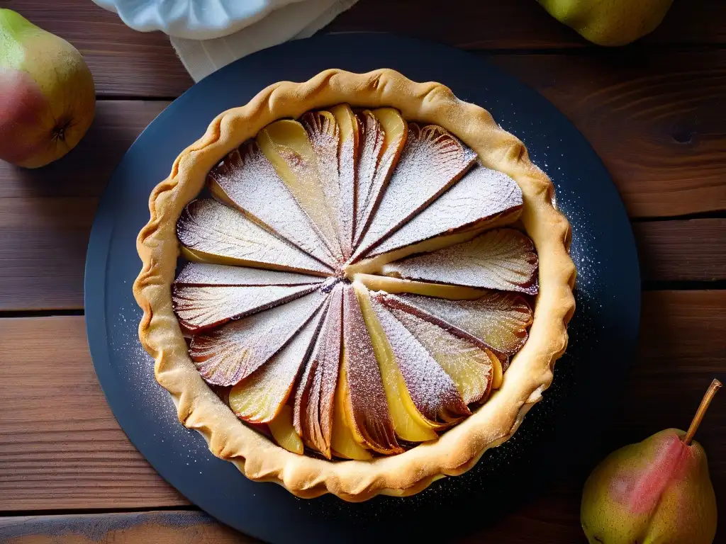 Deliciosa tarta de pera con especias recién horneada sobre una mesa de madera rústica, destacando sus detalles y sabores