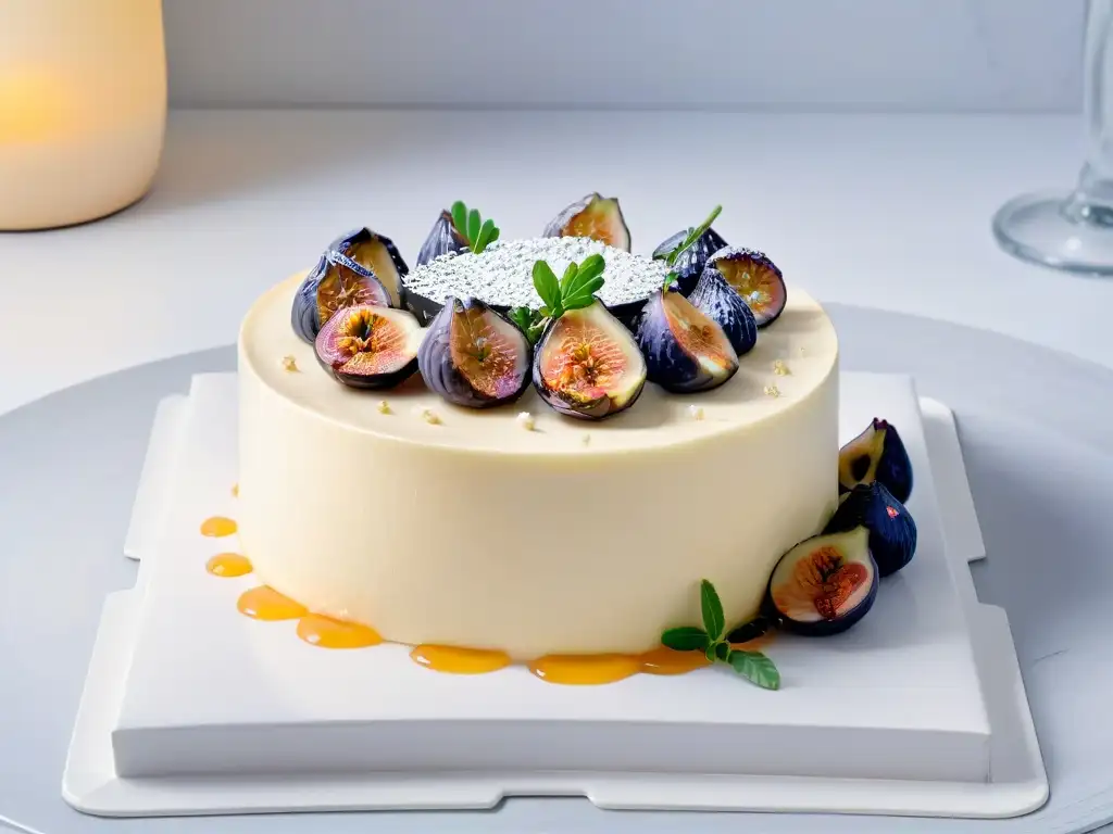 Deliciosa tarta de queso decorada con Gorgonzola, miel, higos frescos y romero en plato de mármol blanco