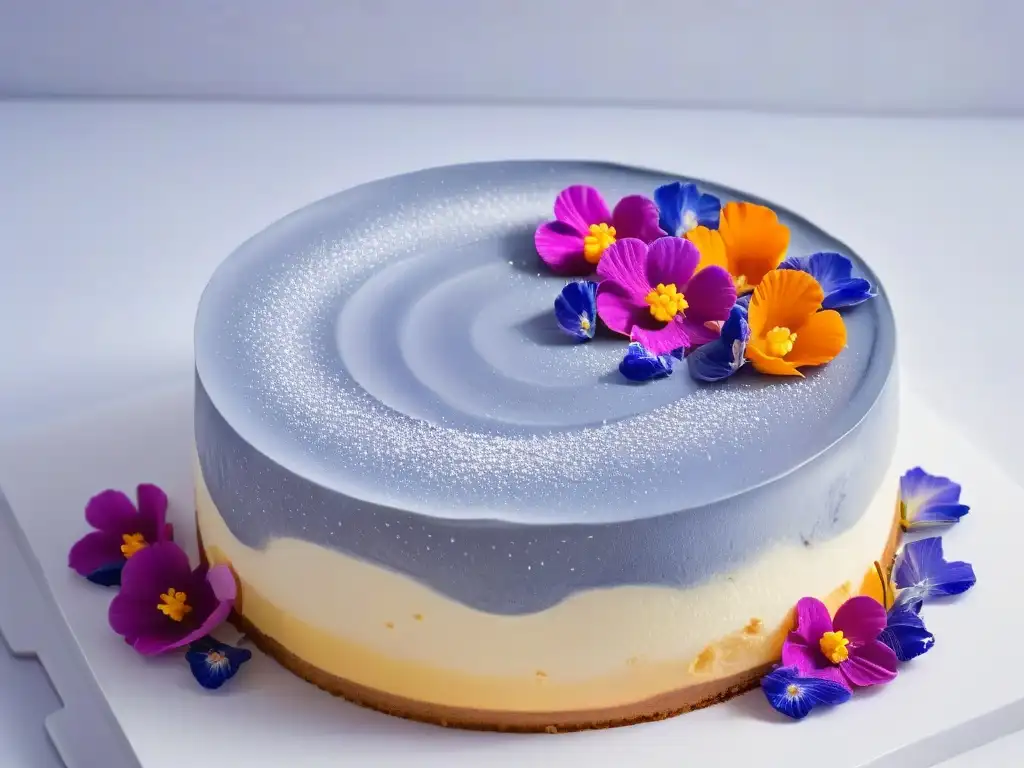 Deliciosa tarta de queso decorada con flores comestibles y azúcar glas