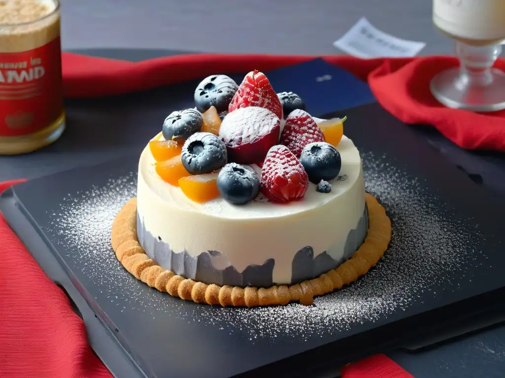 Deliciosa tarta de queso desestructurada con crujiente base de galleta, fruta y azúcar glass