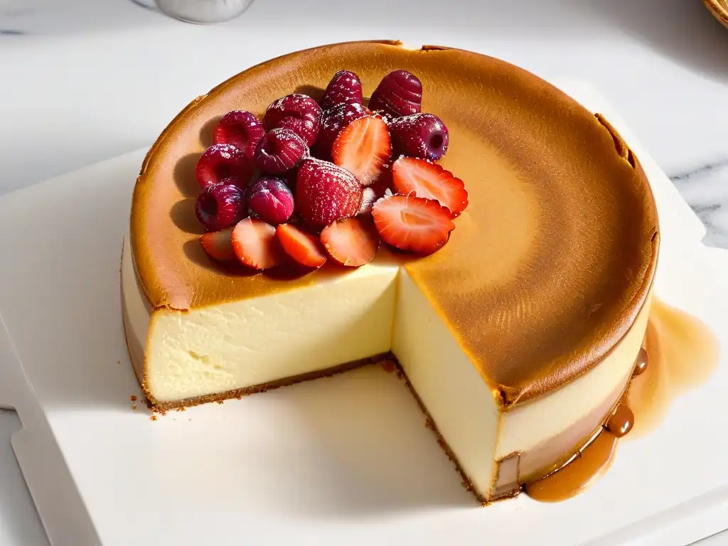 Deliciosa tarta de queso estilo New York horneada a la perfección en encimera de mármol blanco