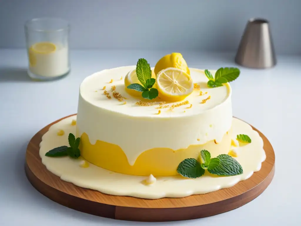 Deliciosa tarta de queso limón gourmet con base de galleta de jengibre y decoración de menta fresca y limón