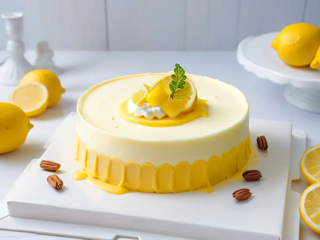 Deliciosa tarta de queso limón gourmet con base de galleta de jengibre, decorada con ralladura de limón, en un elegante plato blanco