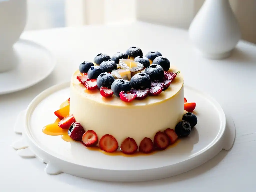 Deliciosa tarta de queso saludable con frutas y miel, en un entorno elegante y luminoso