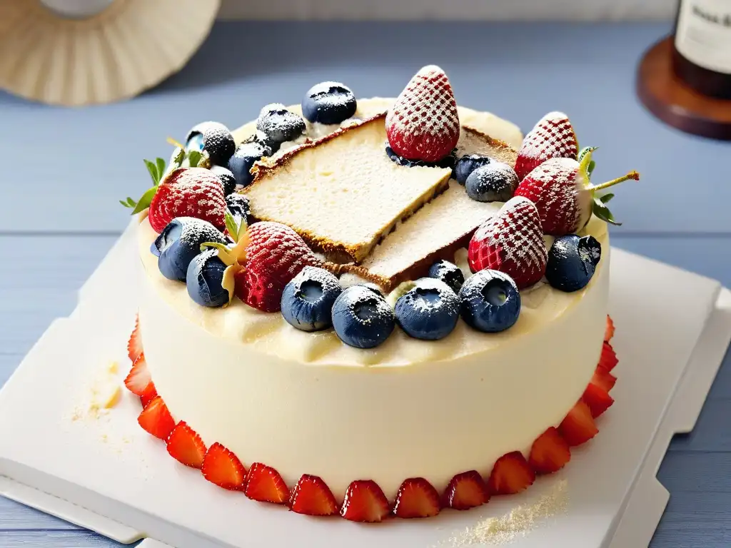 Una deliciosa tarta de queso saludable con base de almendras y avena, adornada con fresas y arándanos frescos