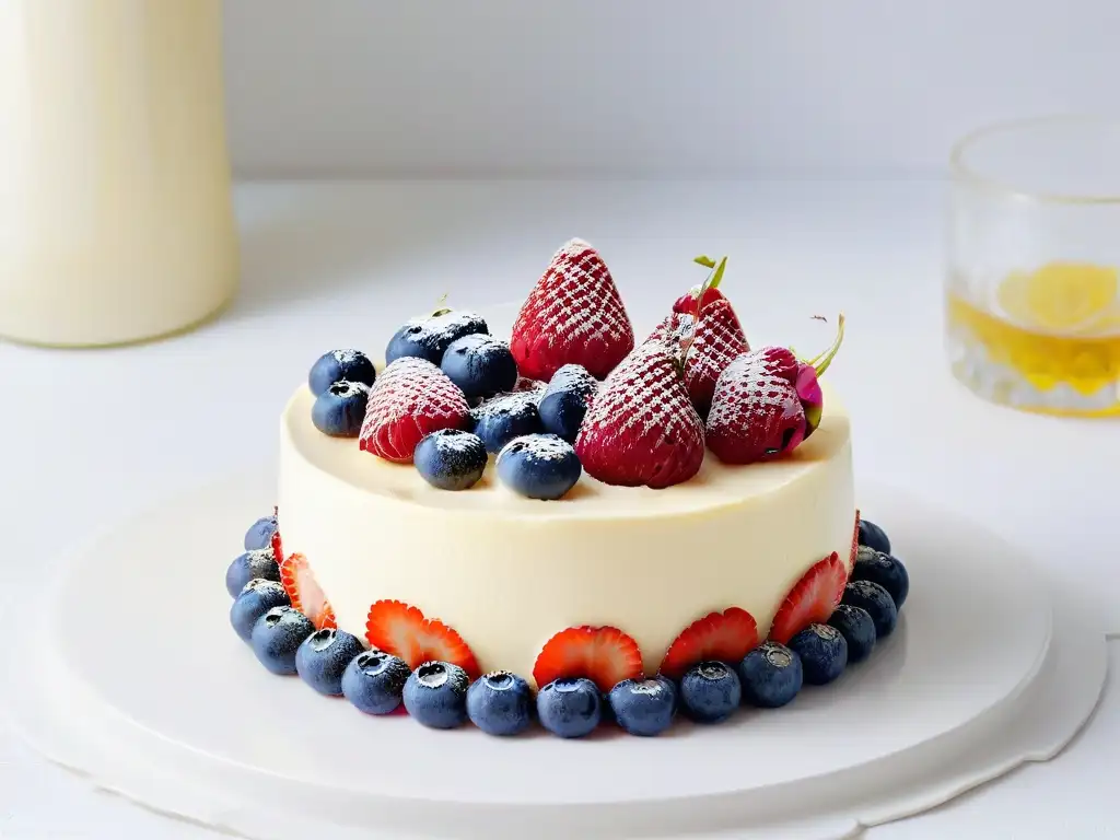 Deliciosa tarta de queso saludable con bayas frescas en plato de cerámica, iluminada por luz natural