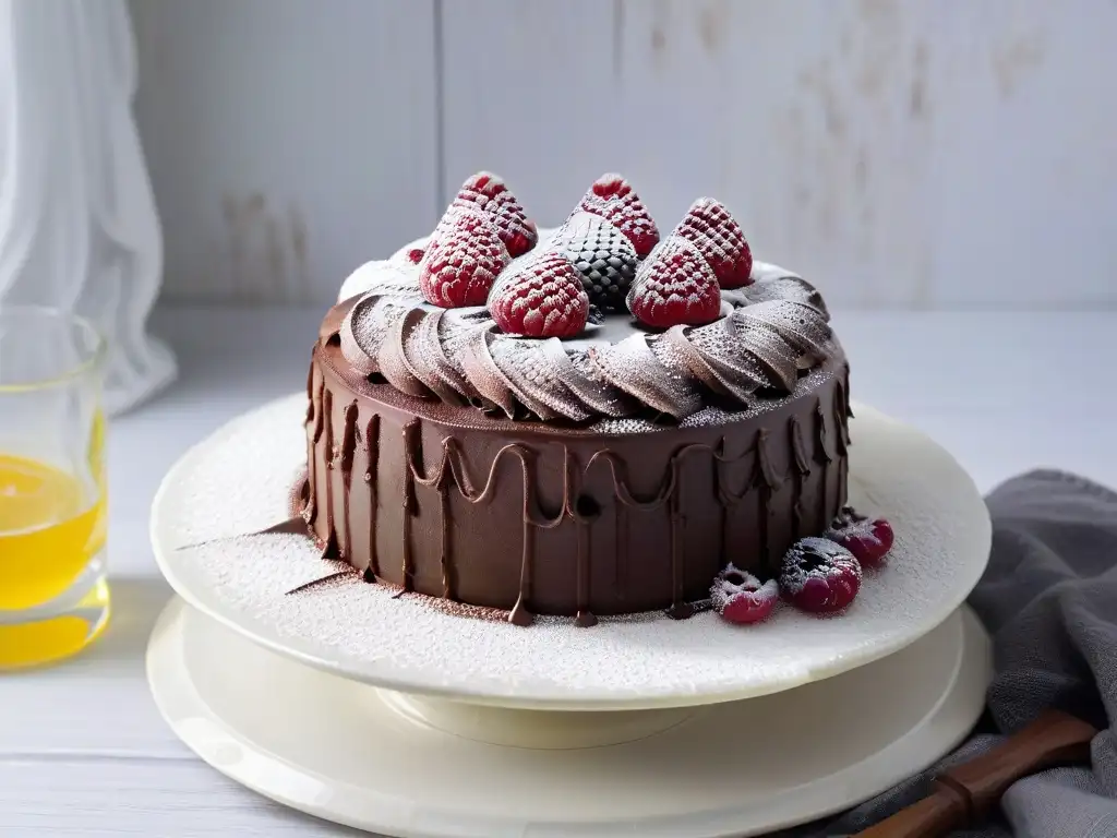 Deliciosa tarta vegana de chocolate con frambuesas frescas y azúcar glass, en soporte blanco