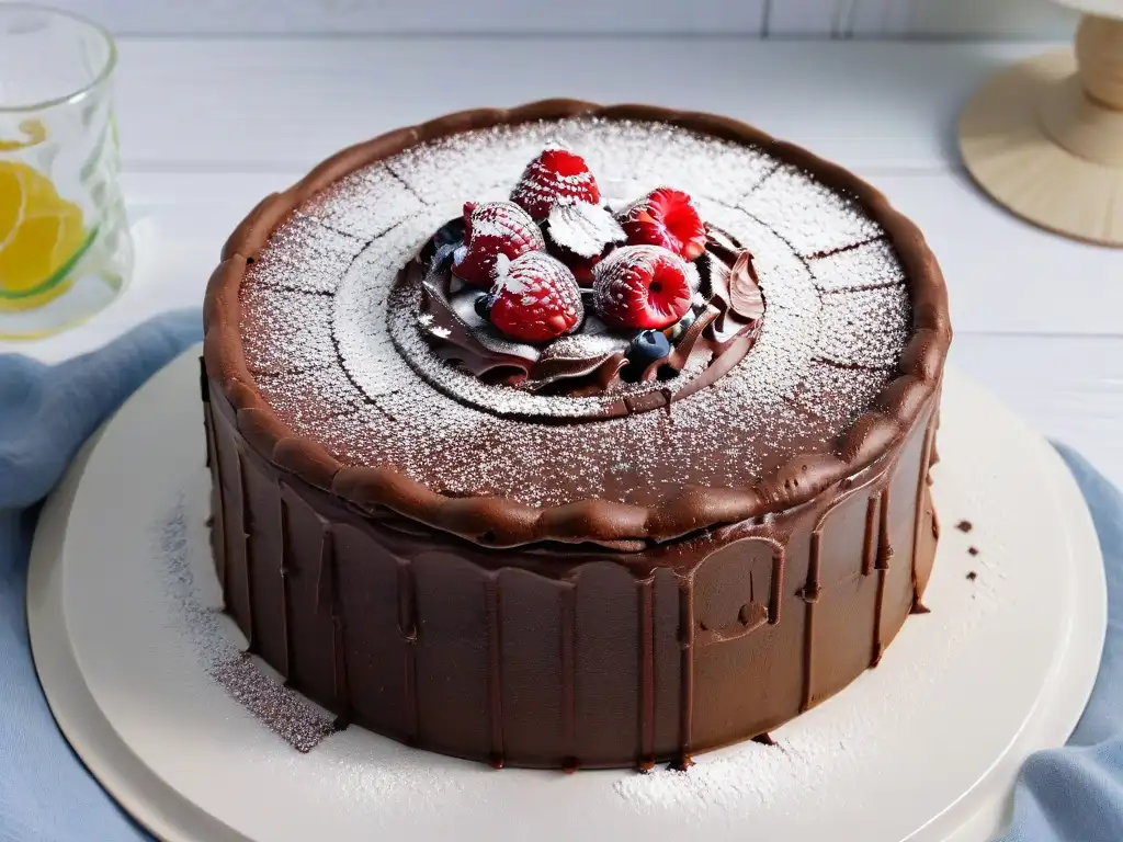 Deliciosa tarta vegana de chocolate con frambuesas y azúcar glas, lista para disfrutar