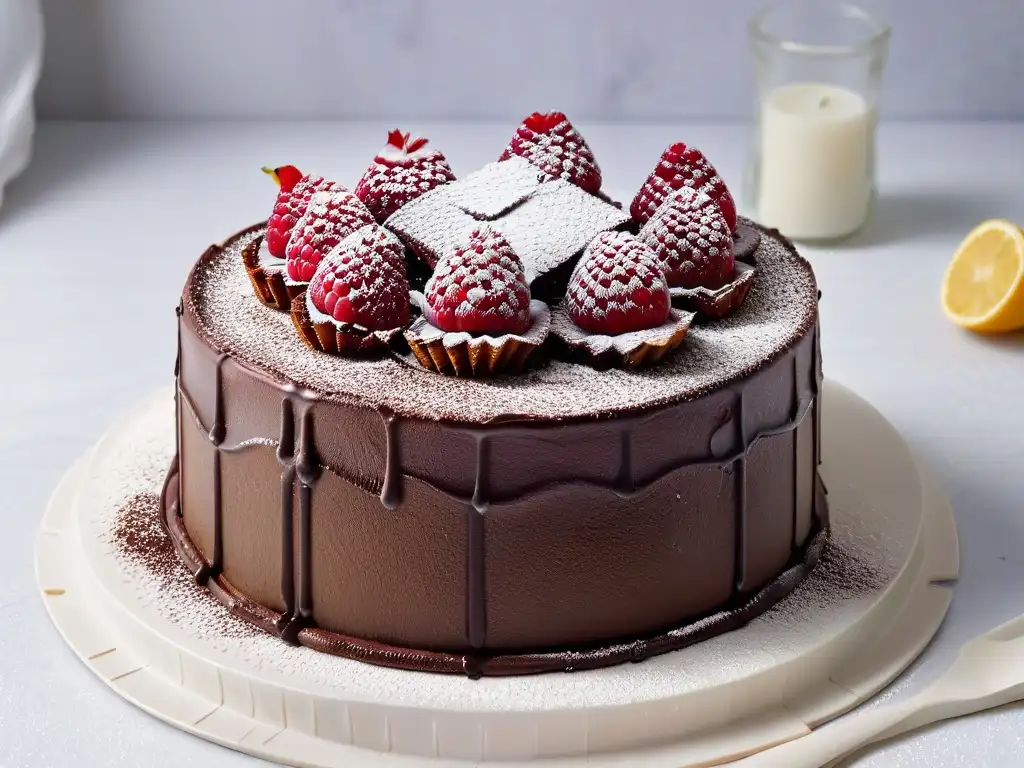 Deliciosa tarta vegana de chocolate con frambuesas frescas y azúcar glas, en soporte de mármol