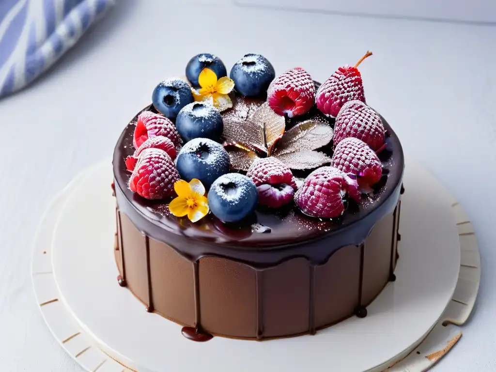 Deliciosa tarta vegana de chocolate con ganache, frambuesas y flores comestibles