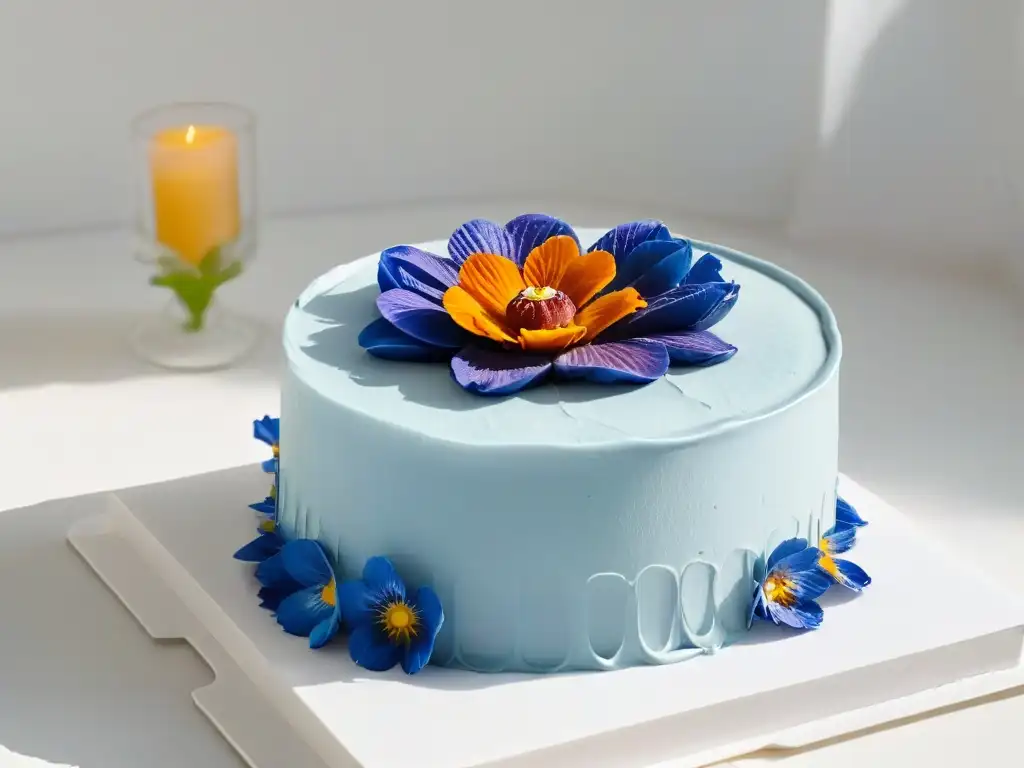 Deliciosa tarta vegana sin gluten con decoración detallada de flores comestibles y frutas frescas en soporte cerámico blanco