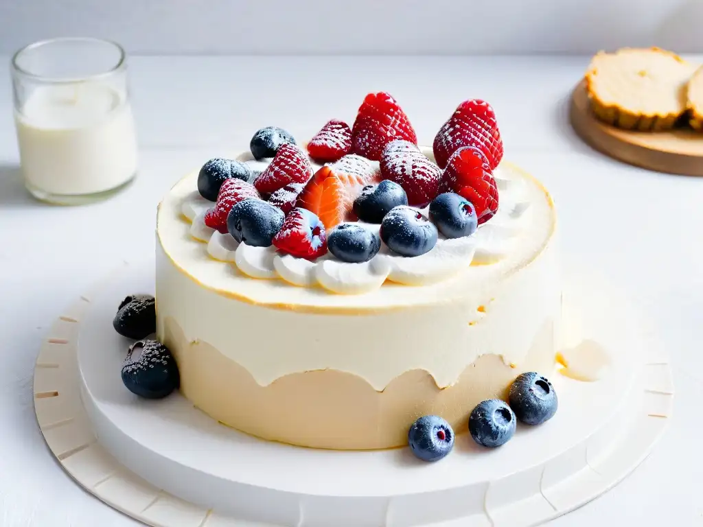 Deliciosa tarta vegana de kéfir de coco con frutos rojos y crema, transmitiendo sofisticación y indulgencia