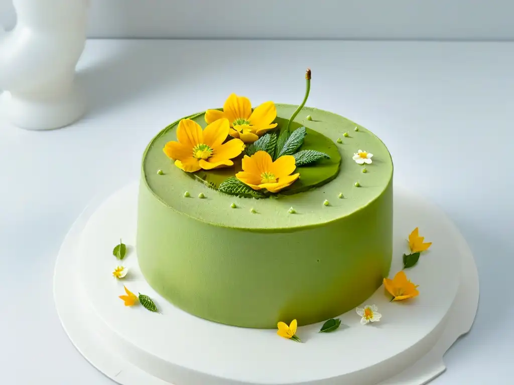 Deliciosa tarta de té verde matcha con flores comestibles en elegante soporte de mármol