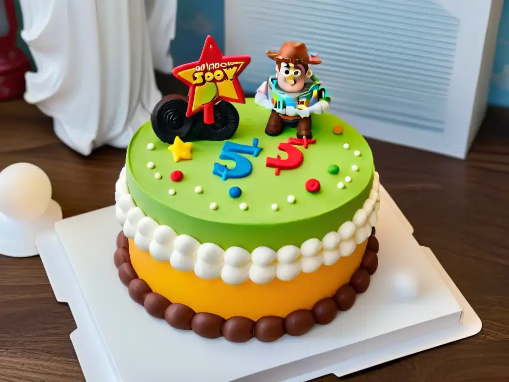 Pastel Toy Story: Detalles vibrantes de Woody, Buzz y Jessie en fondant Una deliciosa tarta Toy Story con Woody, Buzz Lightyear y Jessie en fondant