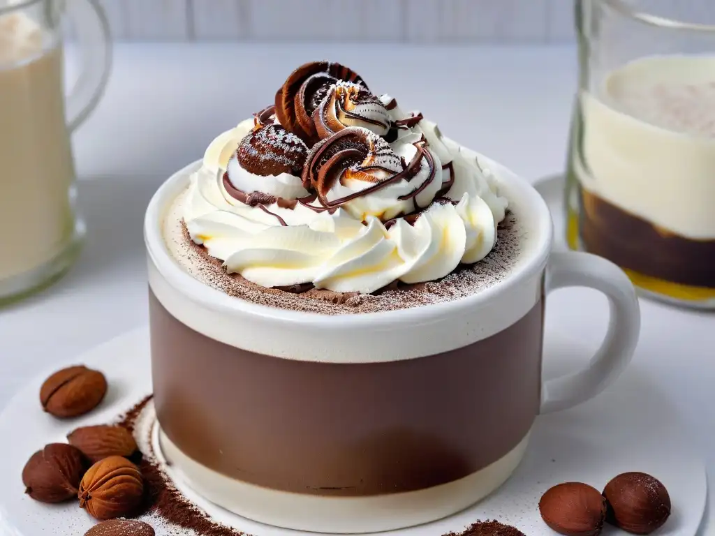 Deliciosa taza de chocolate a la taza español, con nata y cacao, en fondo blanco elegante