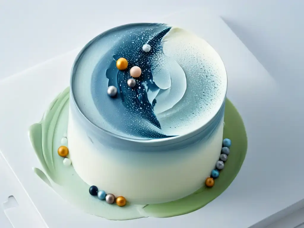 Deliciosa mousse con técnicas moleculares para mousses innovadoras, decorada con esferas de colores