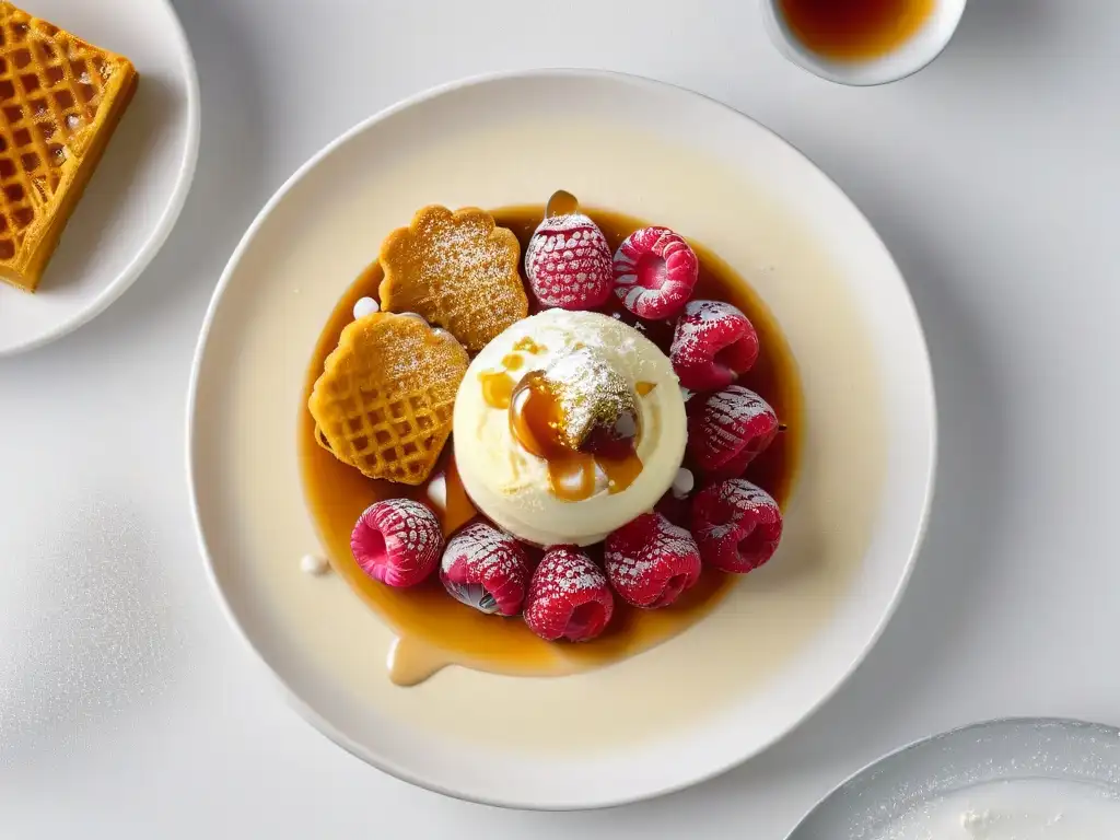 Deliciosa combinación de texturas en repostería: helado de vainilla, crème brûlée, caramelo, pistachos y frambuesas