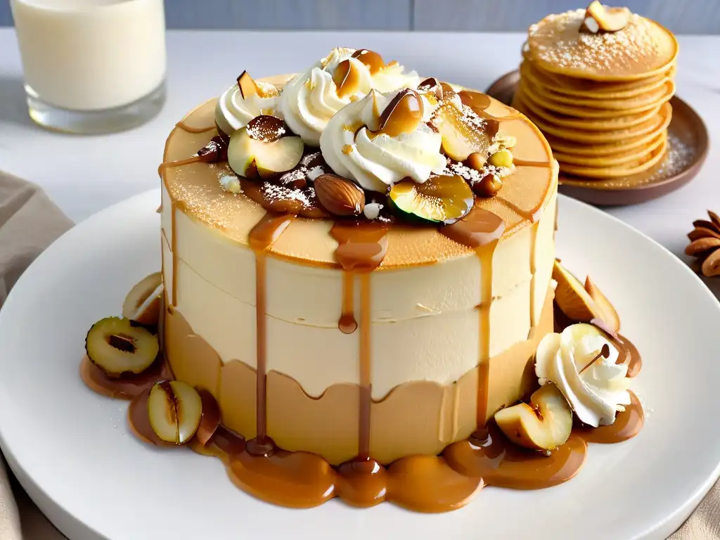 Deliciosa torre de pancakes con dulce de leche, crema batida y nueces