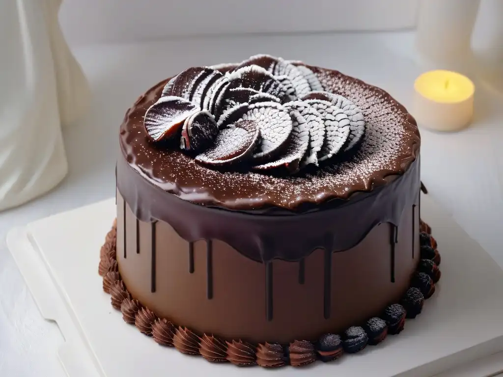 Deliciosa torta ahogada de chocolate con ganache brillante y texturas exquisitas en fondo blanco