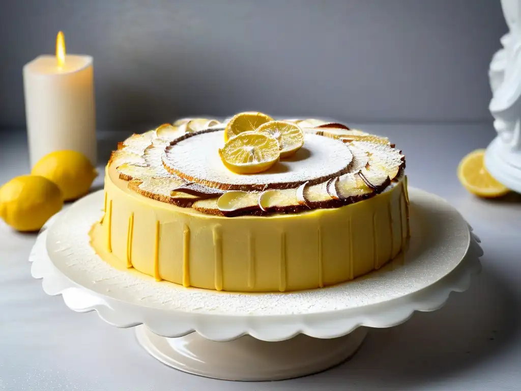 Deliciosa torta de almendra sin gluten cubierta con limón, almendras y azúcar glass en un elegante pedestal blanco