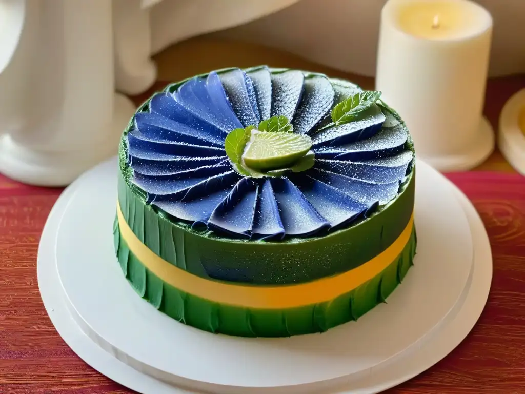 Una deliciosa Torta de capas Kueh Lapis, con vibrantes colores y textura suave, resaltando la precisión y arte en su elaboración