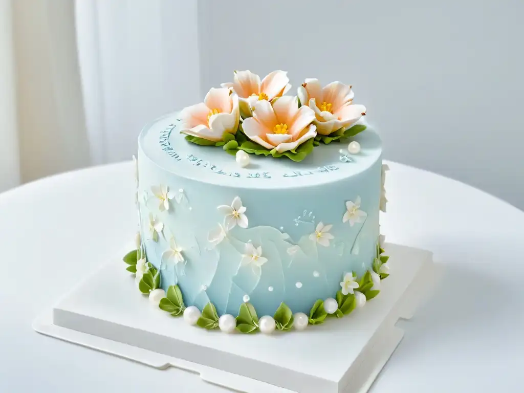 Una deliciosa torta decorada con tendencias en repostería para redes sociales, en tonos pastel y diseño detallado