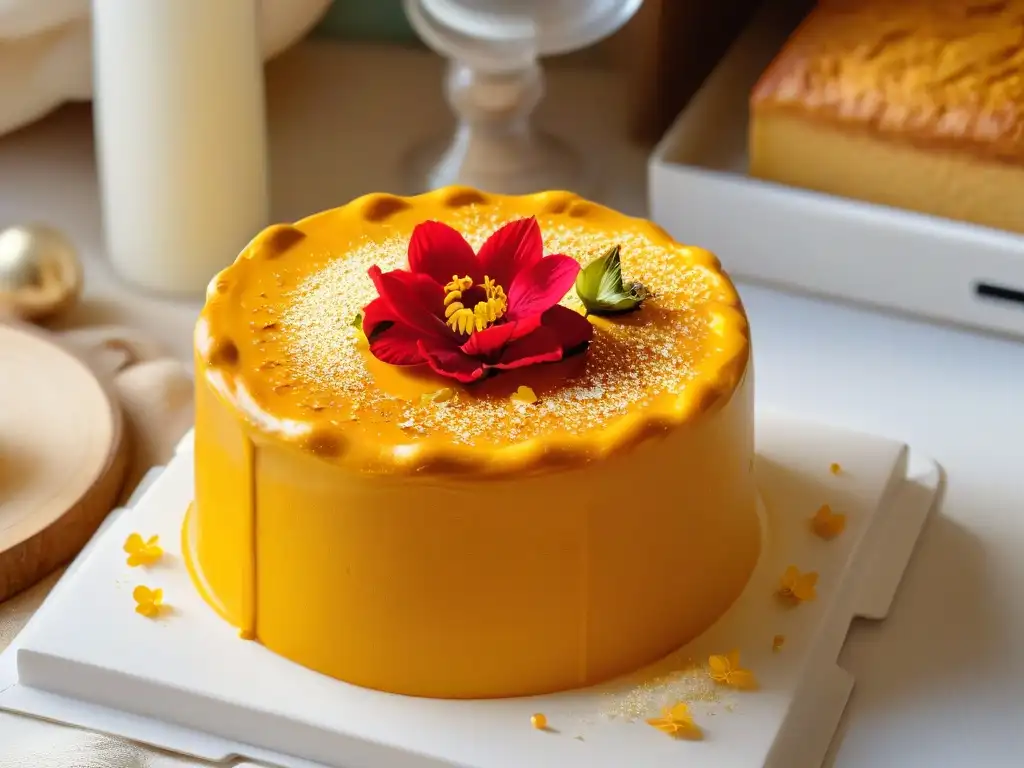 Deliciosa torta dorada de cúrcuma con flores comestibles y hojuelas de oro, en una cocina rústica