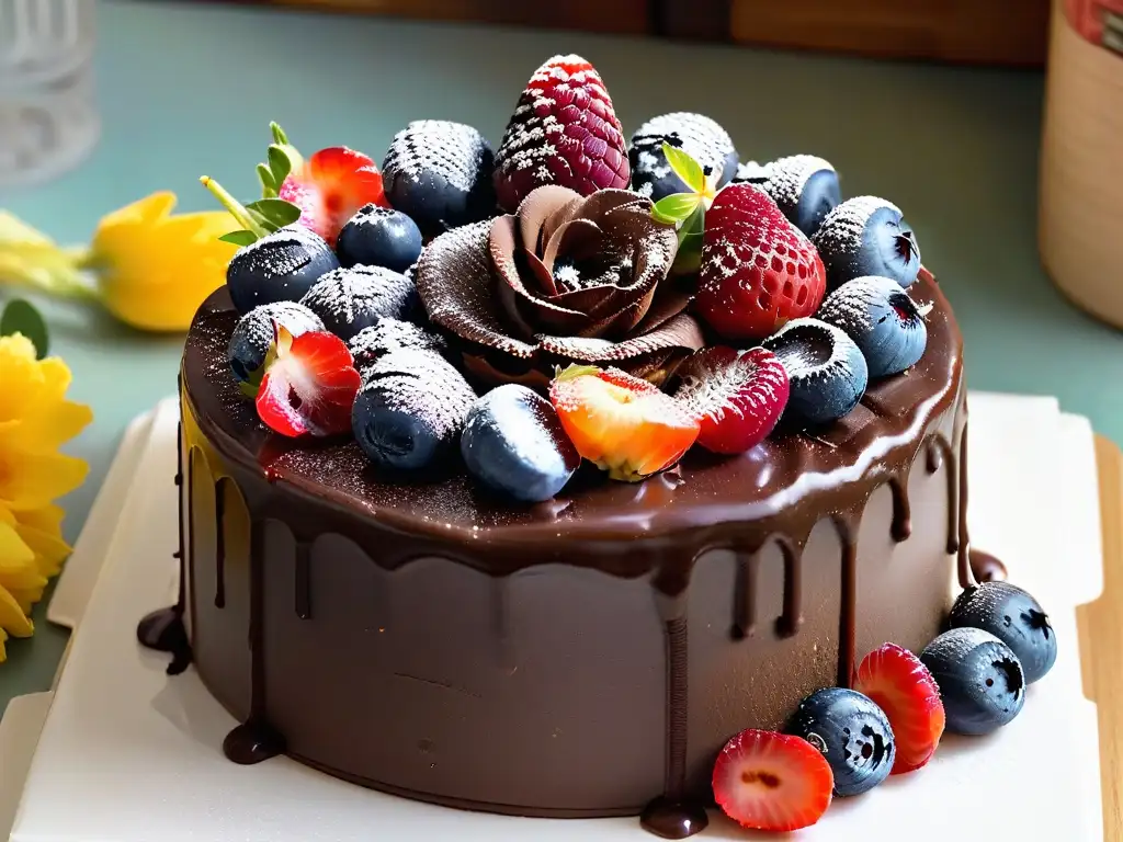 Deliciosa torta vegana de chocolate con frutas y flores comestibles, perfecta para impresionar