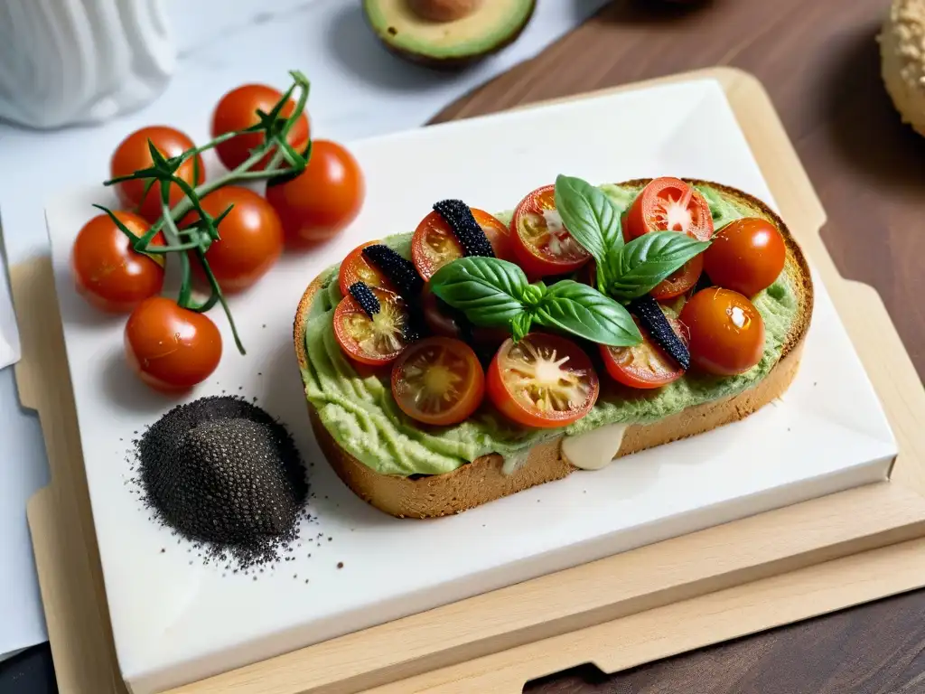 Deliciosa tostada de aguacate con tomates cherry, albahaca y semillas de sésamo, en encimera de mármol blanco