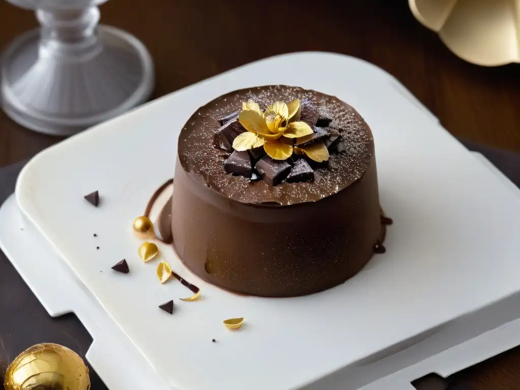 Deliciosa trufa de bizcocho reciclado, bañada en chocolate oscuro con hojuelas doradas en mármol elegante