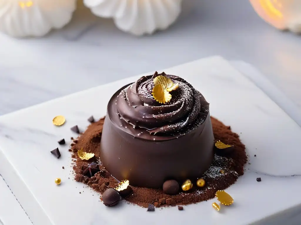 Exquisita trufa de chocolate belga con láminas de oro en encimera de mármol Deliciosa trufa de chocolate belga con hojuelas de oro en elegante encimera de mármol