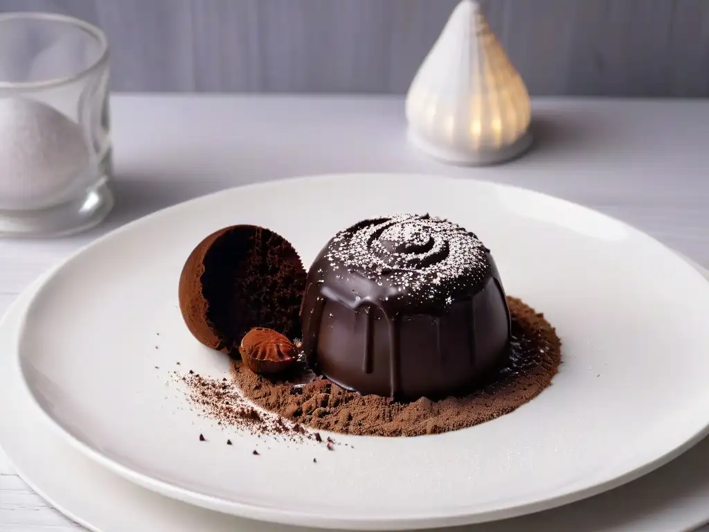 Exquisita trufa de chocolate negro: lujo y sofisticación Deliciosa trufa de chocolate belga en plato blanco, con detalle y elegancia