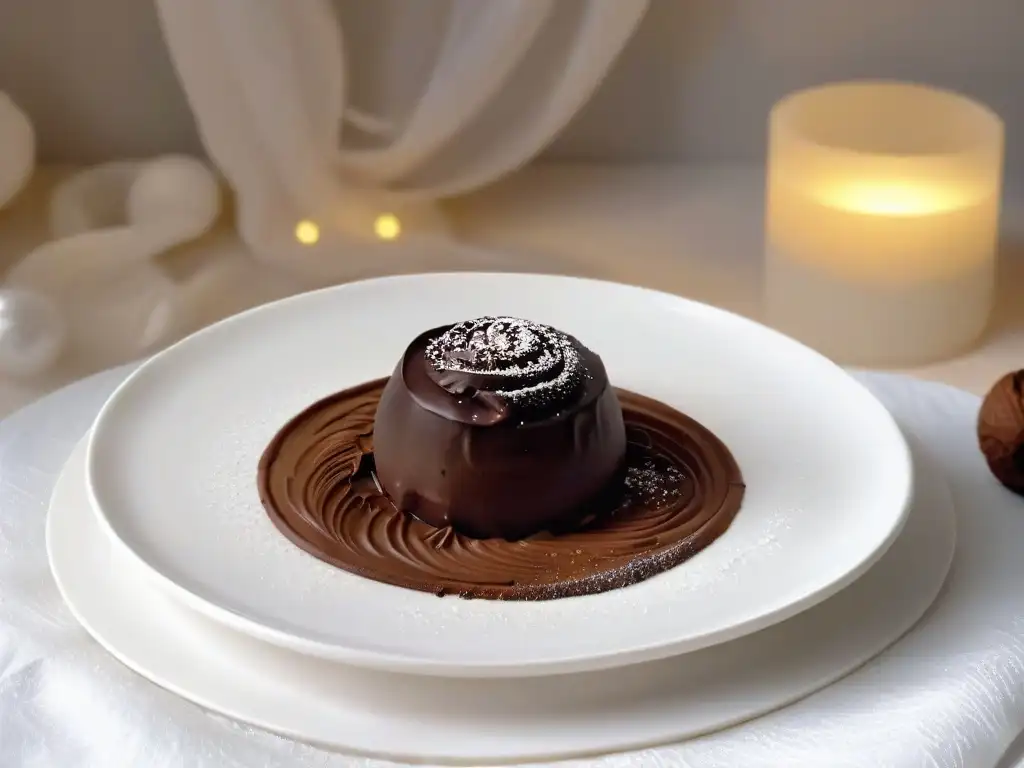 Una deliciosa trufa de chocolate eslovena sobre porcelana blanca, con swirls de chocolate y rocío de cacao, en un elegante fondo de mesa de madera