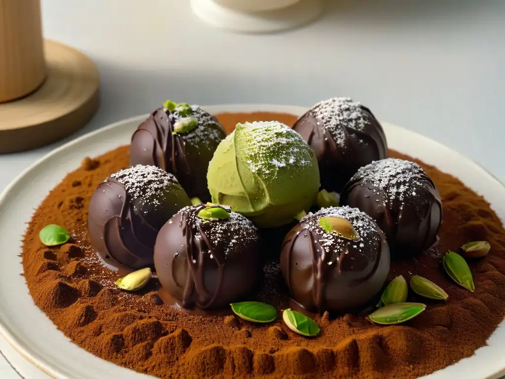 Deliciosa trufa de chocolate negro con pistachos triturados sobre cama de cacao