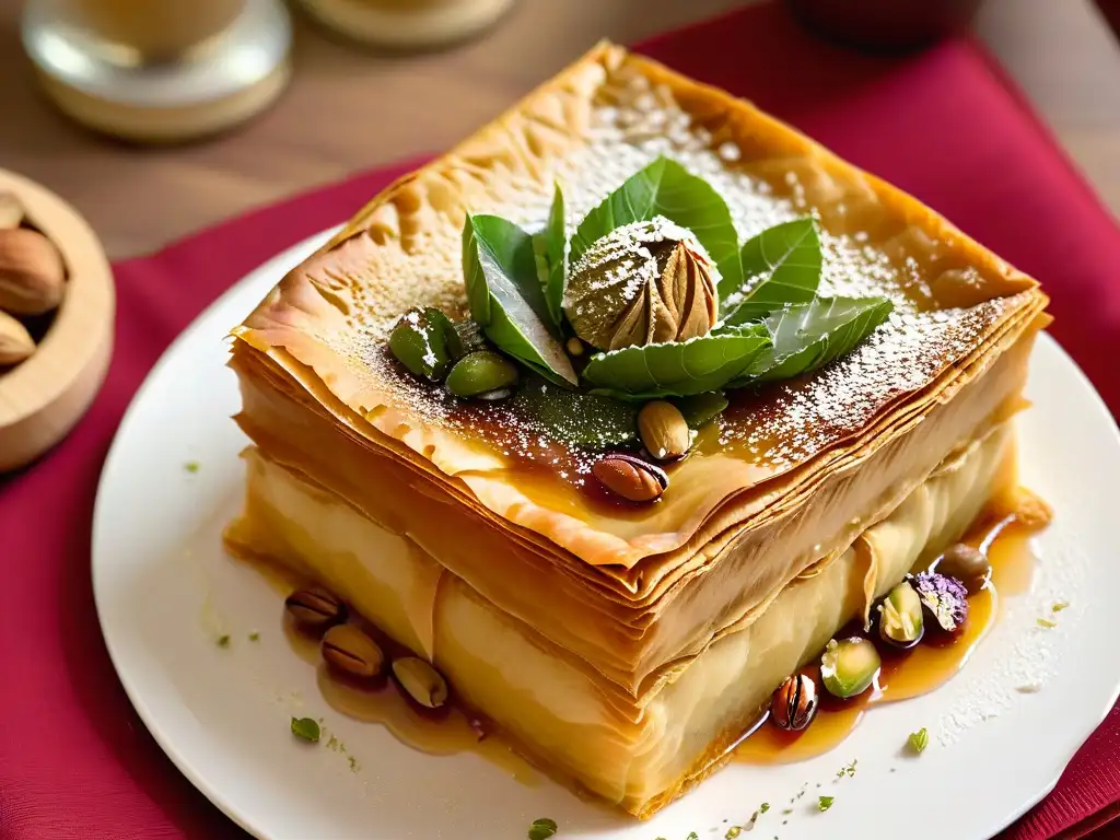 Una deliciosa baklava turca con capas de hojaldre dorado, nueces y almíbar, adornada con pistachos y granada