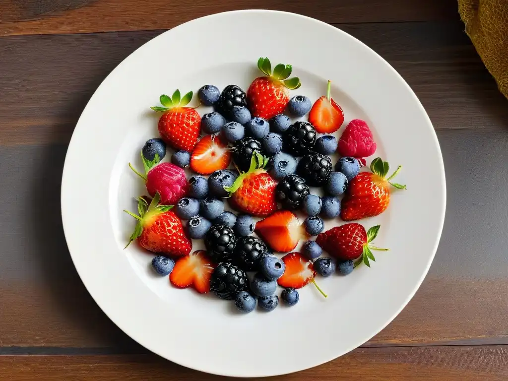 Deliciosa variedad de frutas frescas sin azúcar en plato blanco moderno